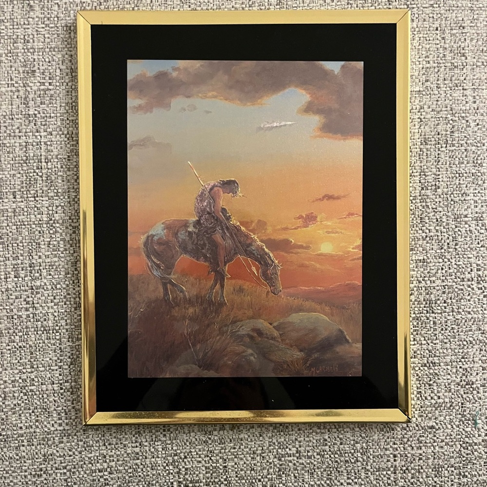 Framed foil art print titled "End of the Trail" by artist Marianne Caroselli.